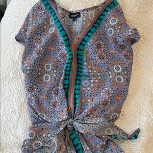 Colorful Geometric Print Silk Blouse by Tolani with adjustable waist tie.